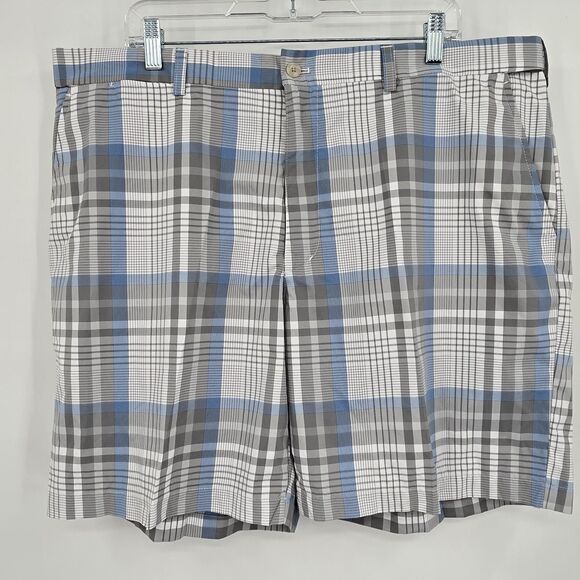 PGA Tour Golf Shorts Men's 40 Blue Gray White Plaid Flat Front 8" Inseam - Picture 2 of 6